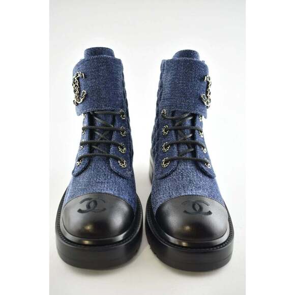 Chanel 21A Blue Black Quilted CC Chain Combat Lace Up Tie Ankle Short Boots 35 - Picture 6 of 12